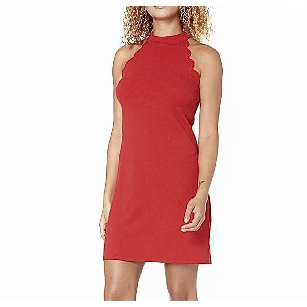 I.N. San Francisco Red Mini Dress High Neck Sleeveless Scalloped Edges Women’s L